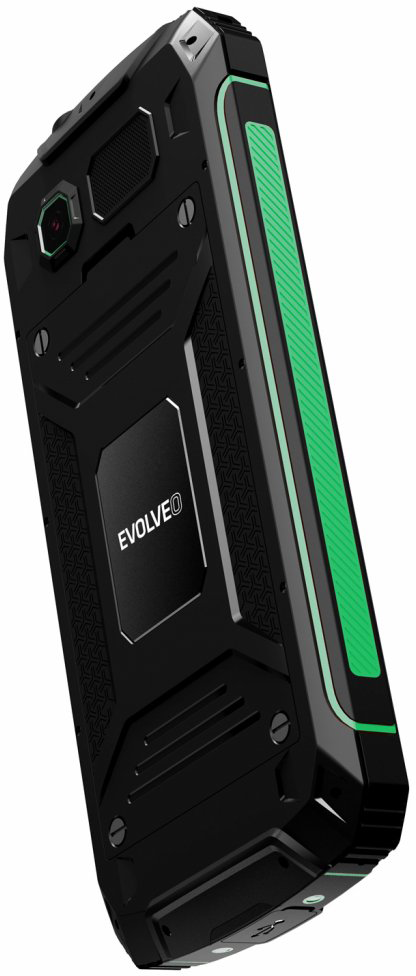 Fekete, zöld és fekete telefon. A telefon robusztus kialakítású, az EVOLVE0 szóval.