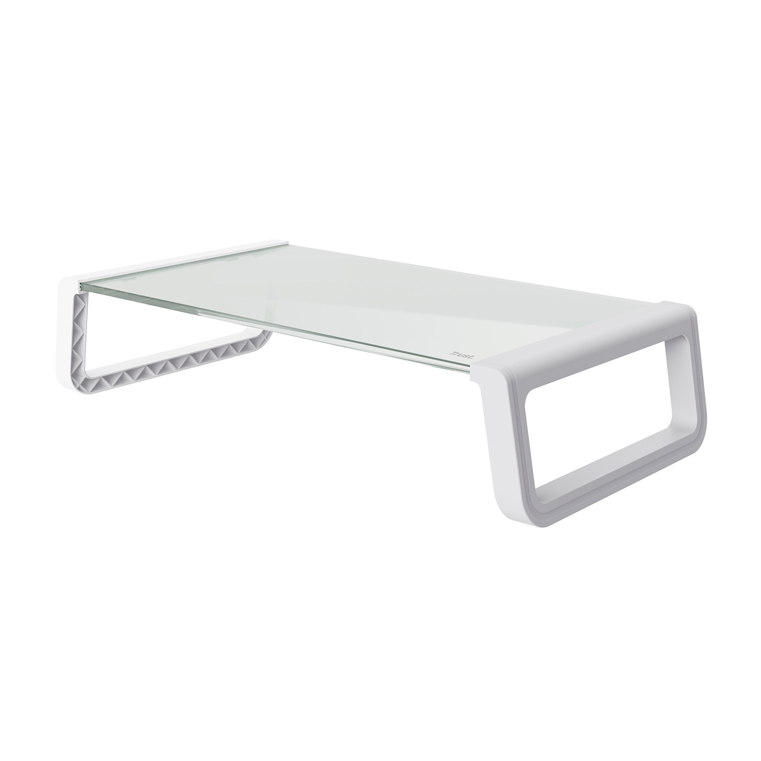 Supporto per monitor bianco con superficie in vetro.