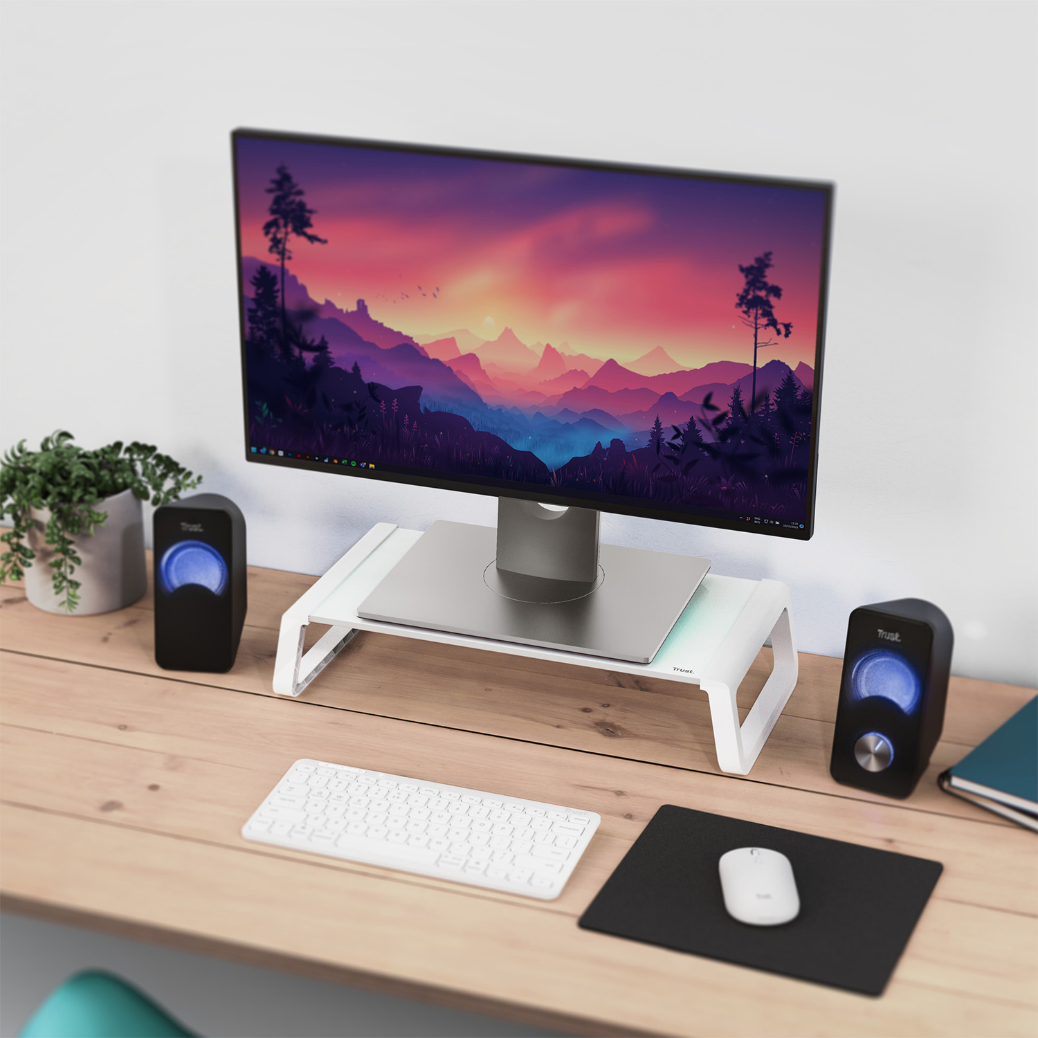 Configurazione desktop: monitor, altoparlanti, tastiera, mouse, scrivania.