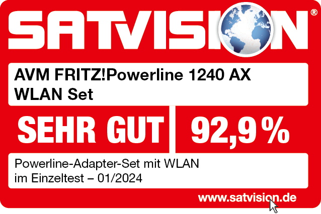SATVISION Bewertung für AVM FRITZ!Powerline 1240 AX WLAN Set: SEHR GUT, 92,9%.