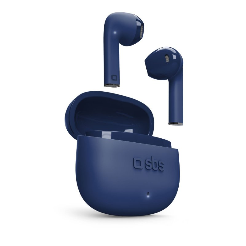 Blaue Ohrhörer und Ladecase. Das Case ist geöffnet und zeigt Ohrhörer. Die Ohrhörer sind blau, mit dem SBS-Logo.