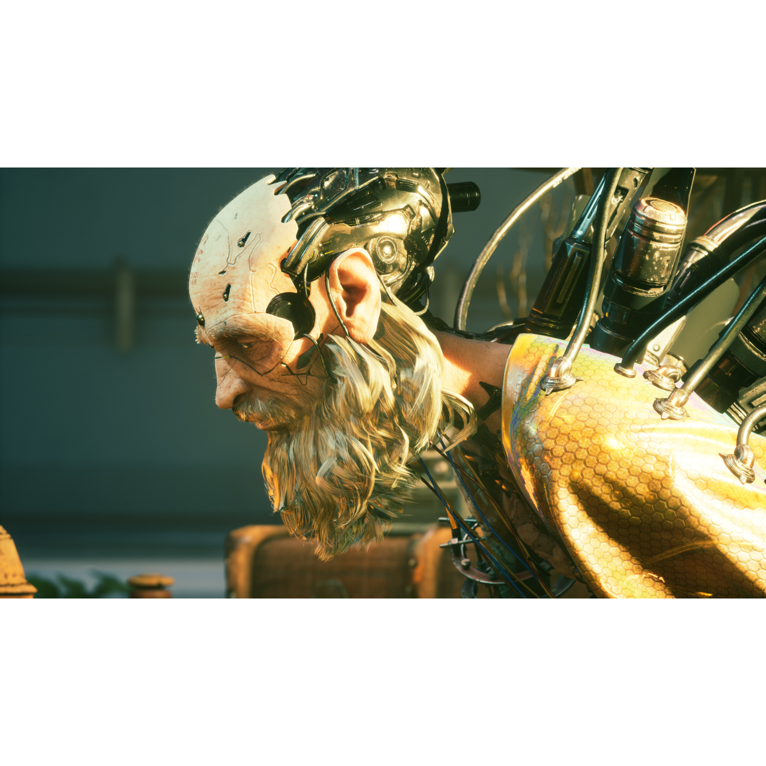 Een close-up van het gezicht van een cyborg met een lange baard en metalen implantaten.