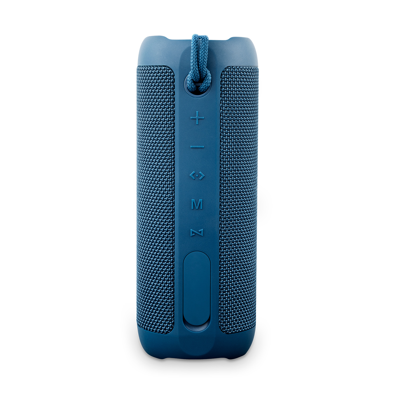 Altavoz azul, con una correa azul. El altavoz tiene botones de volumen y control.
