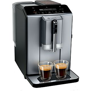 Cafetera superautomática - Bosch TIE20504, 15 bar, 1300 W, 2 tazas, SensoFlow System, OneTouch, Diamond titanium metallic