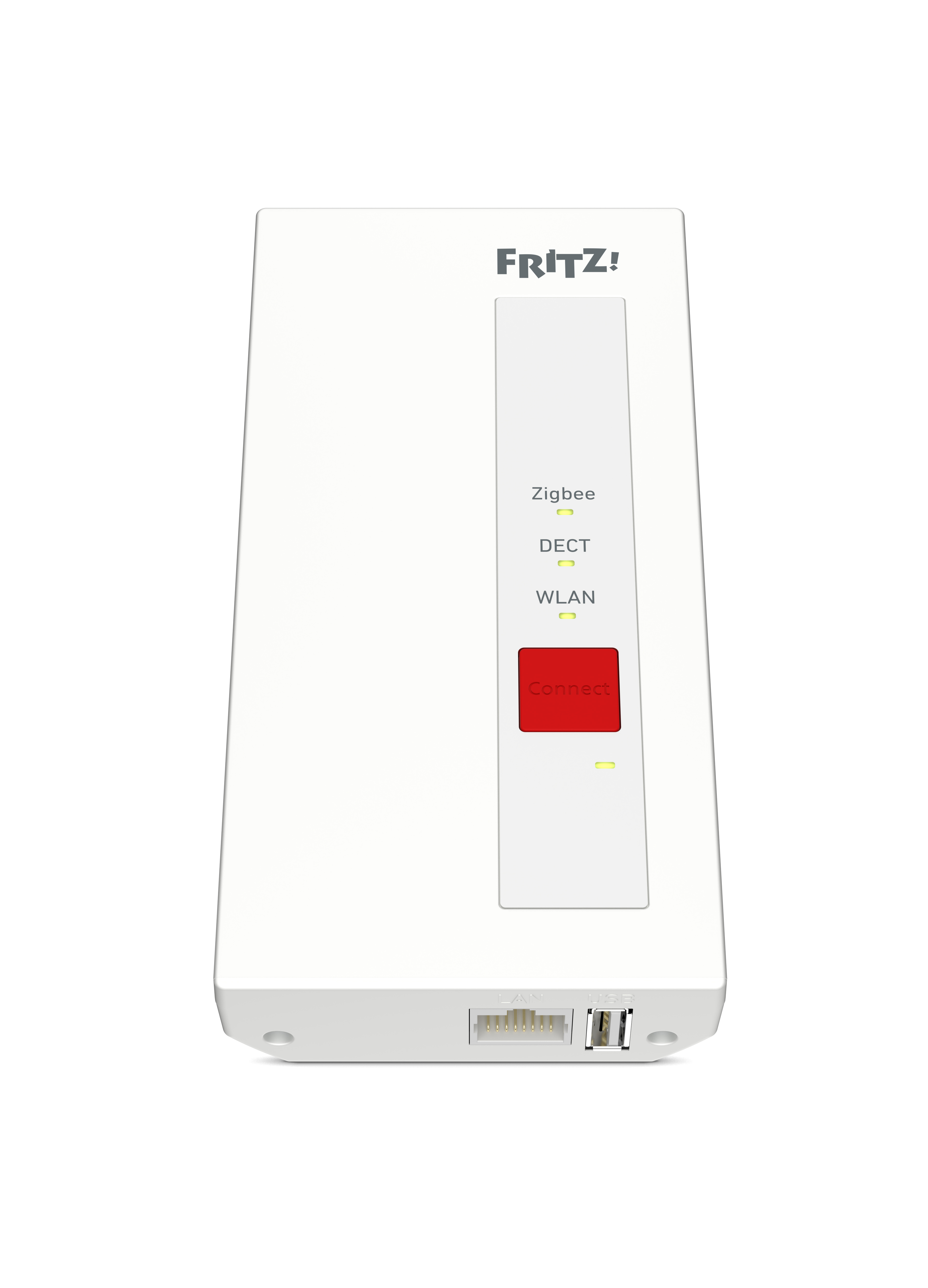Weißes FRITZ! Zigbee-Gerät mit roter 'Connect'-Taste und Kontrollleuchten.