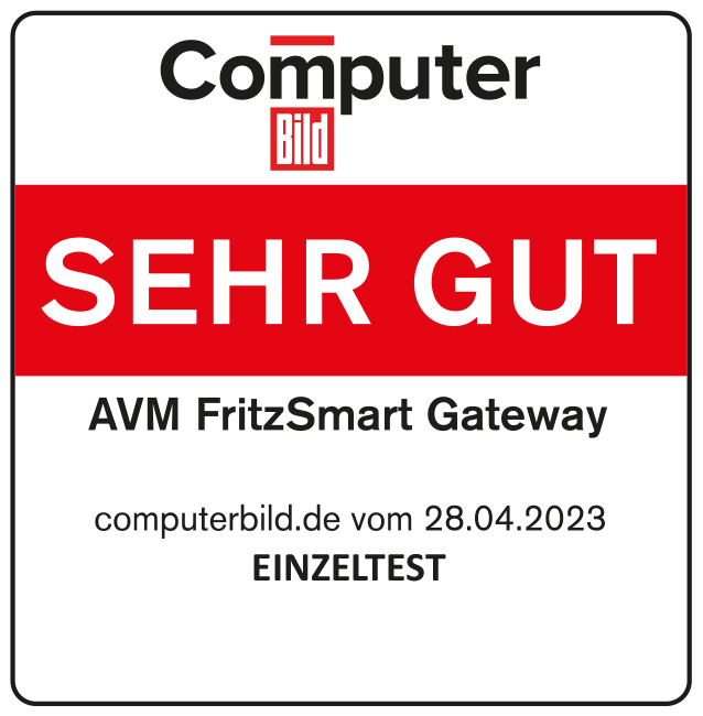 Quadratisches weiß-rotes Computer Bild Logo mit Text: SEHR GUT und Produktdetails darunter.