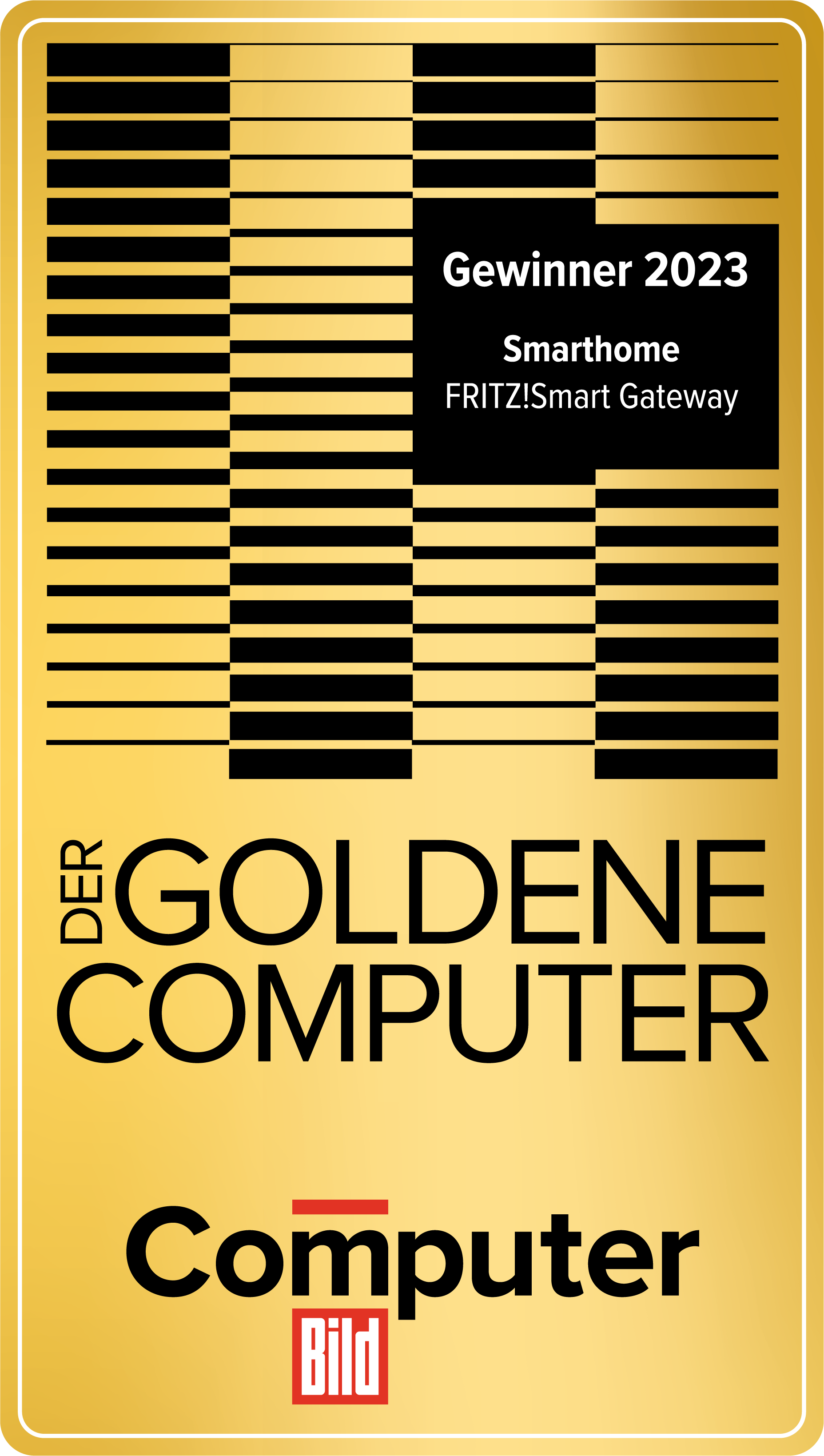 Goldene und schwarze Auszeichnung mit Text. Der Text lautet: Gewinner 2023, Smarthome.