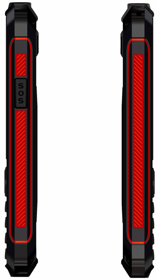 Fekete telefon oldalai piros díszítéssel. SOS gomb az egyik oldalon. Robusztus kialakítás. Fehér háttér.