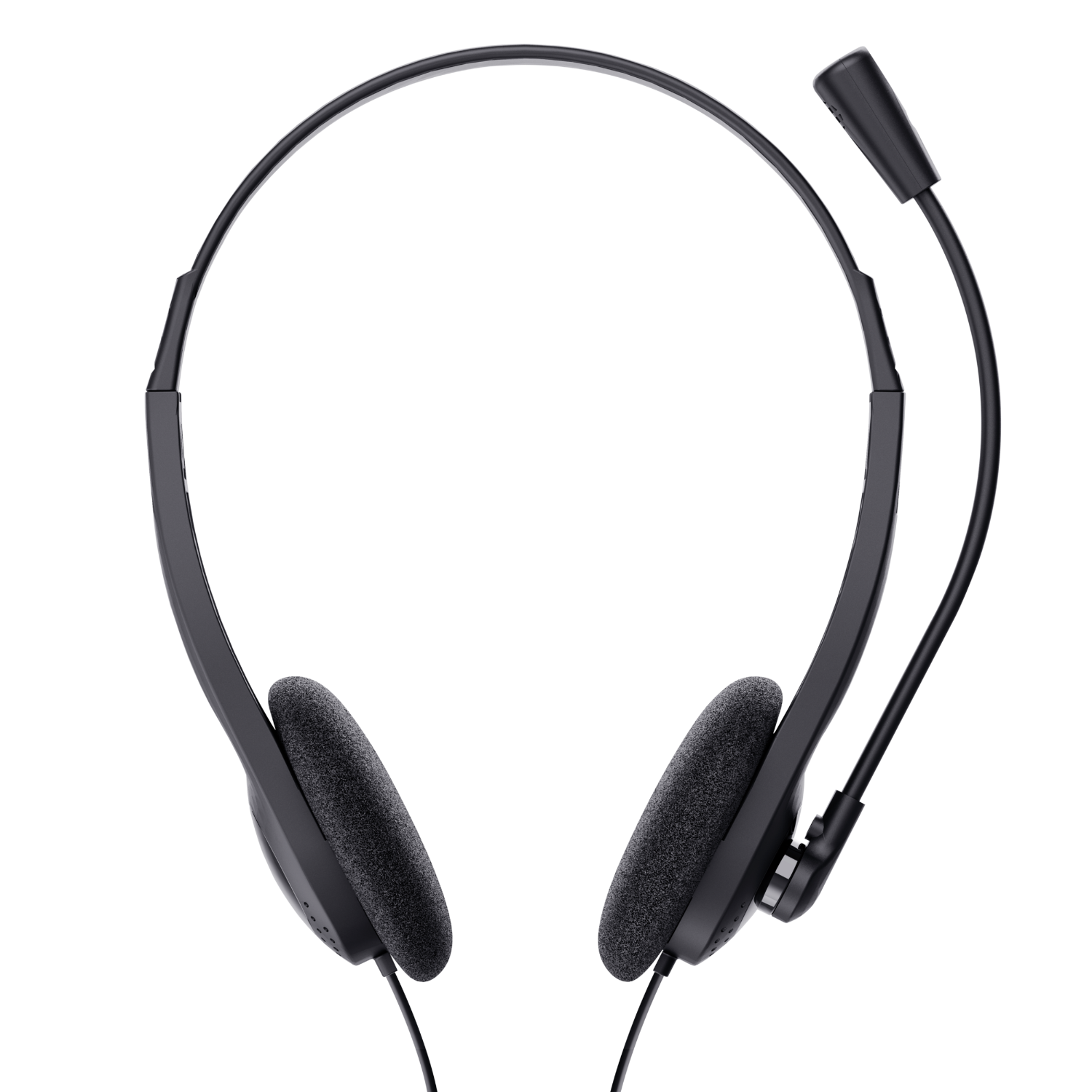 Black headset with two earcups and a microphone on a black background.