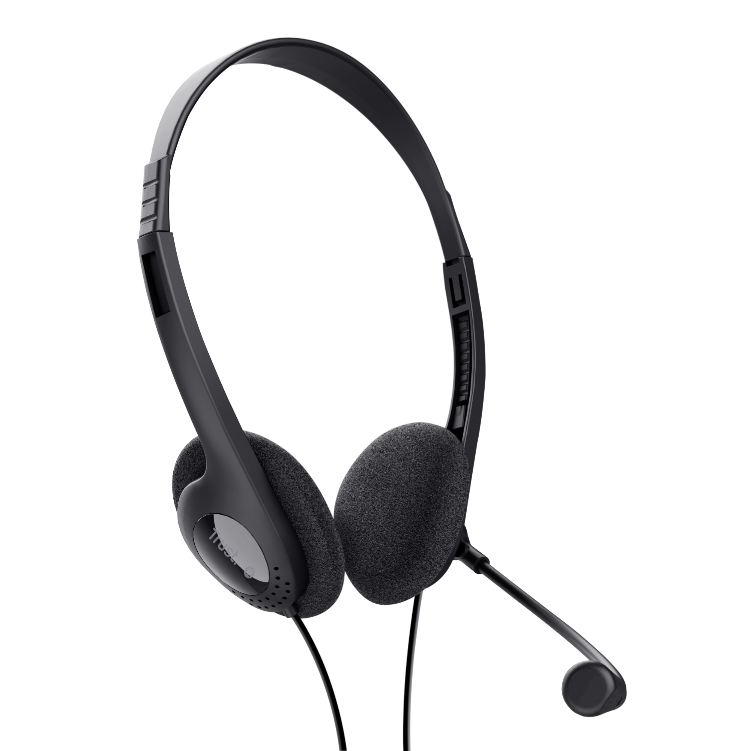 Black headphones with a microphone, on a black background.