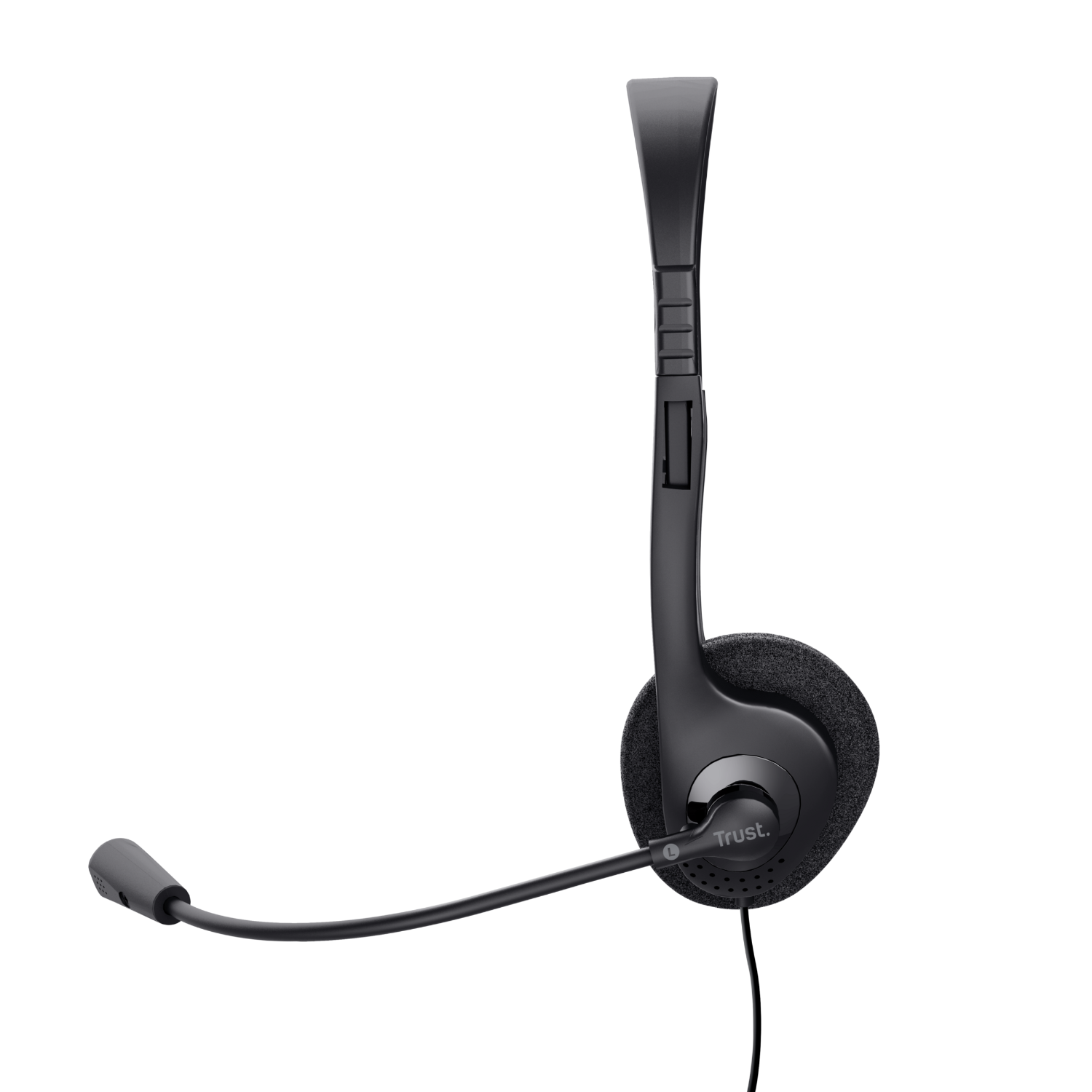 Black headset with a microphone, designed for communication.