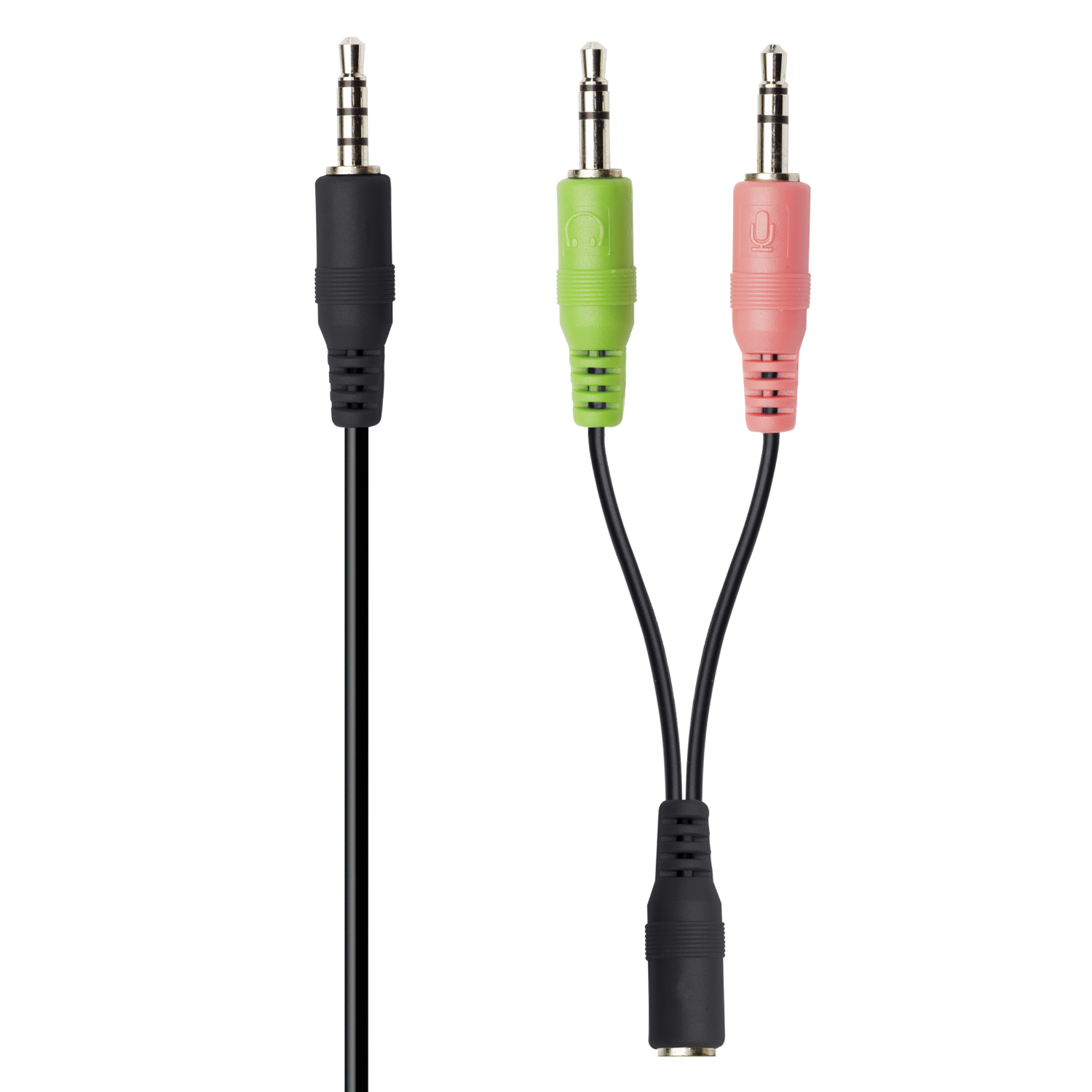 Three audio cables: black, green, and pink, ending in a black female connector.
