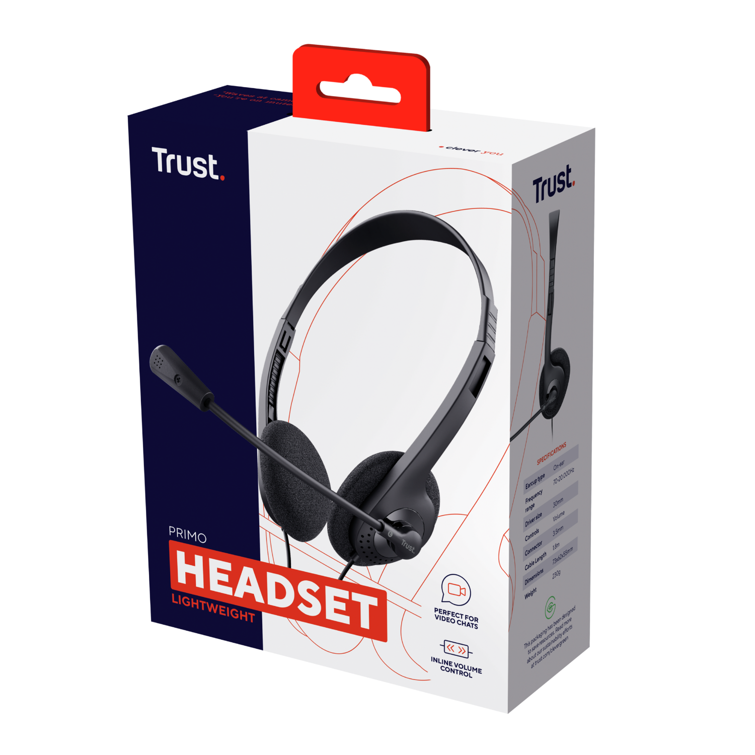 Trust Primo lightweight headset in box. Black headset with microphone. White and red packaging.