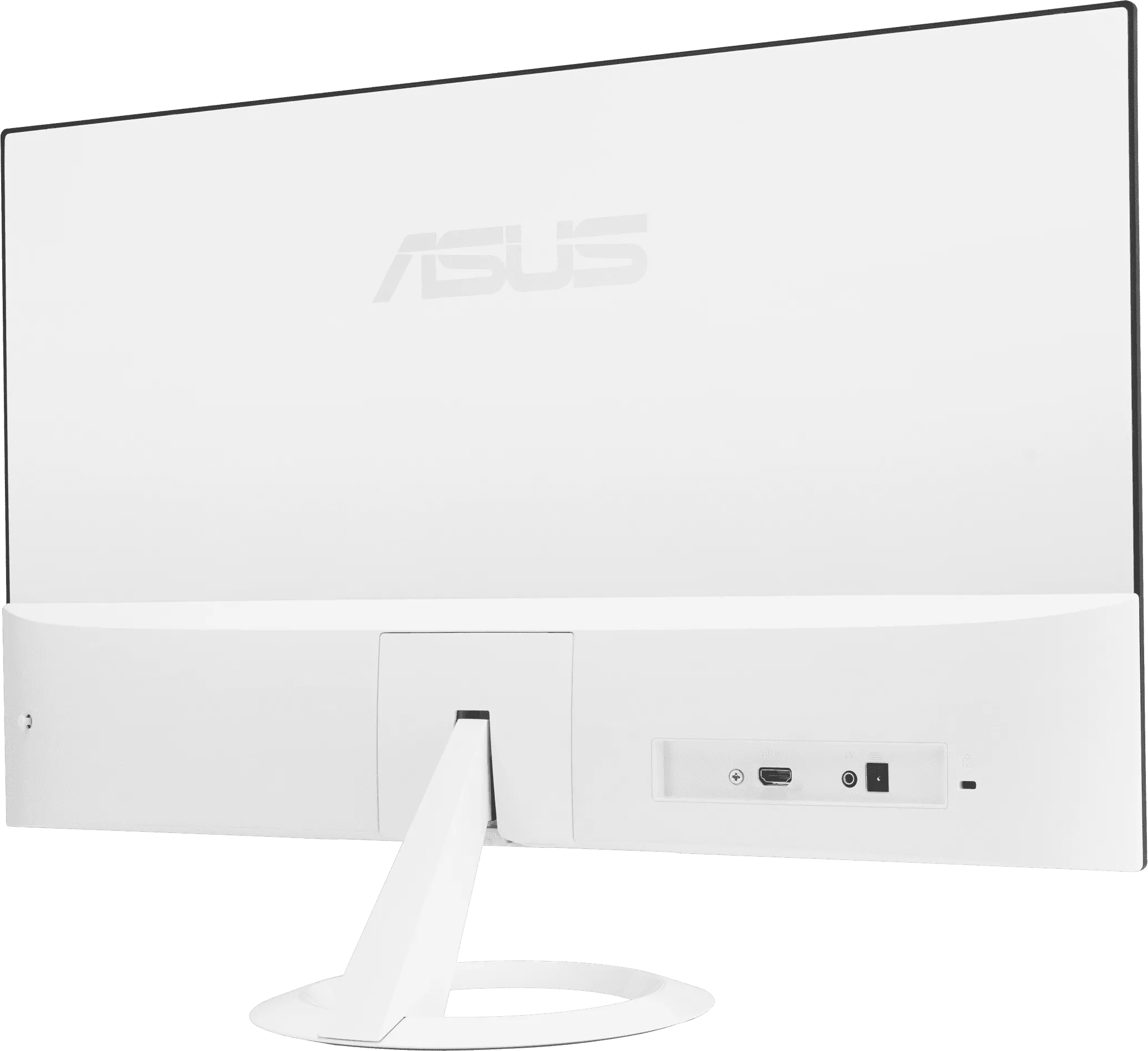 Fehér monitor hátulja ASUS logóval, portokkal és állvánnyal.