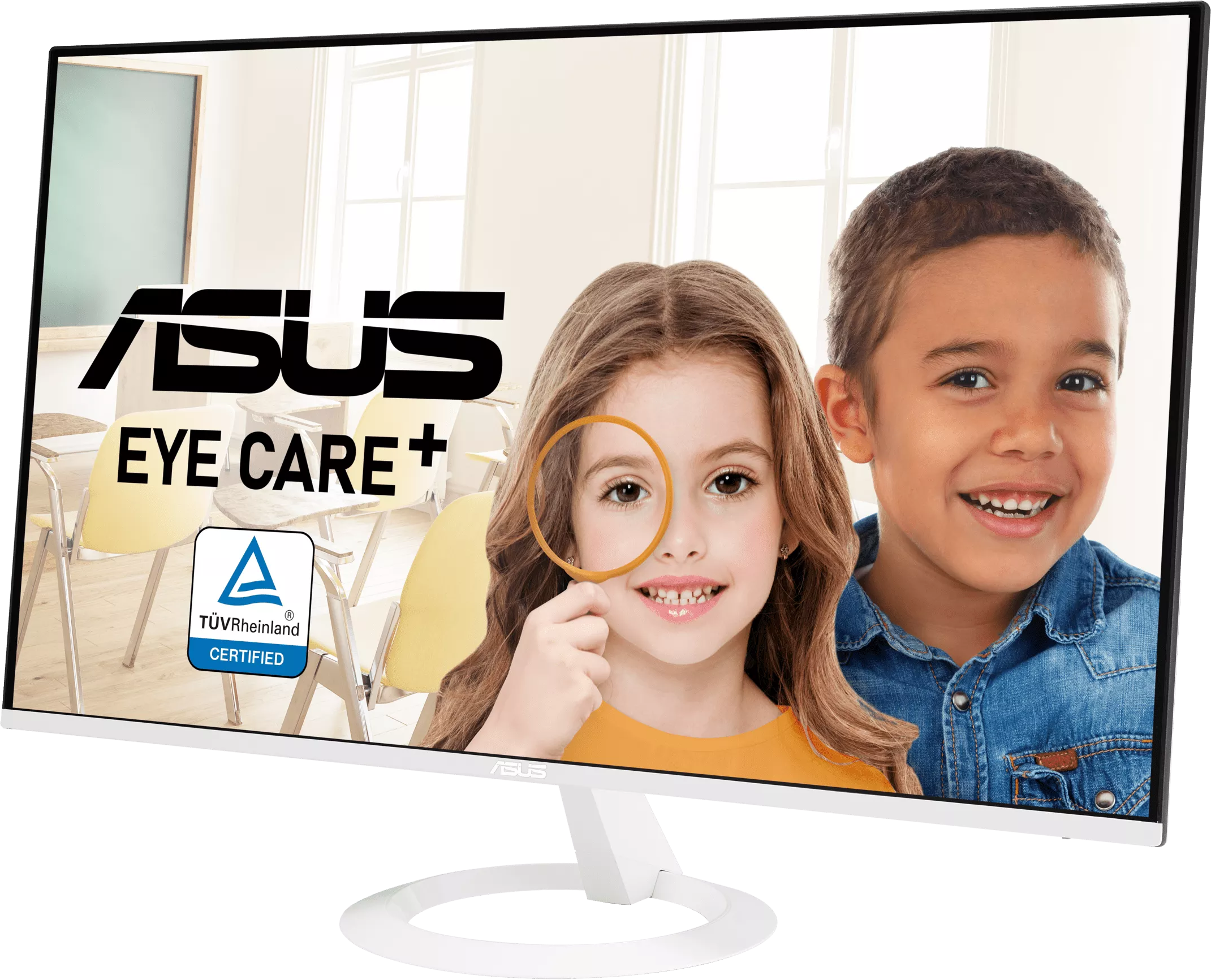Egy fehér monitor két gyermeket, az 'ASUS EYE CARE+' szöveget és egy TUV Rheinland Certified logót jelenít meg.