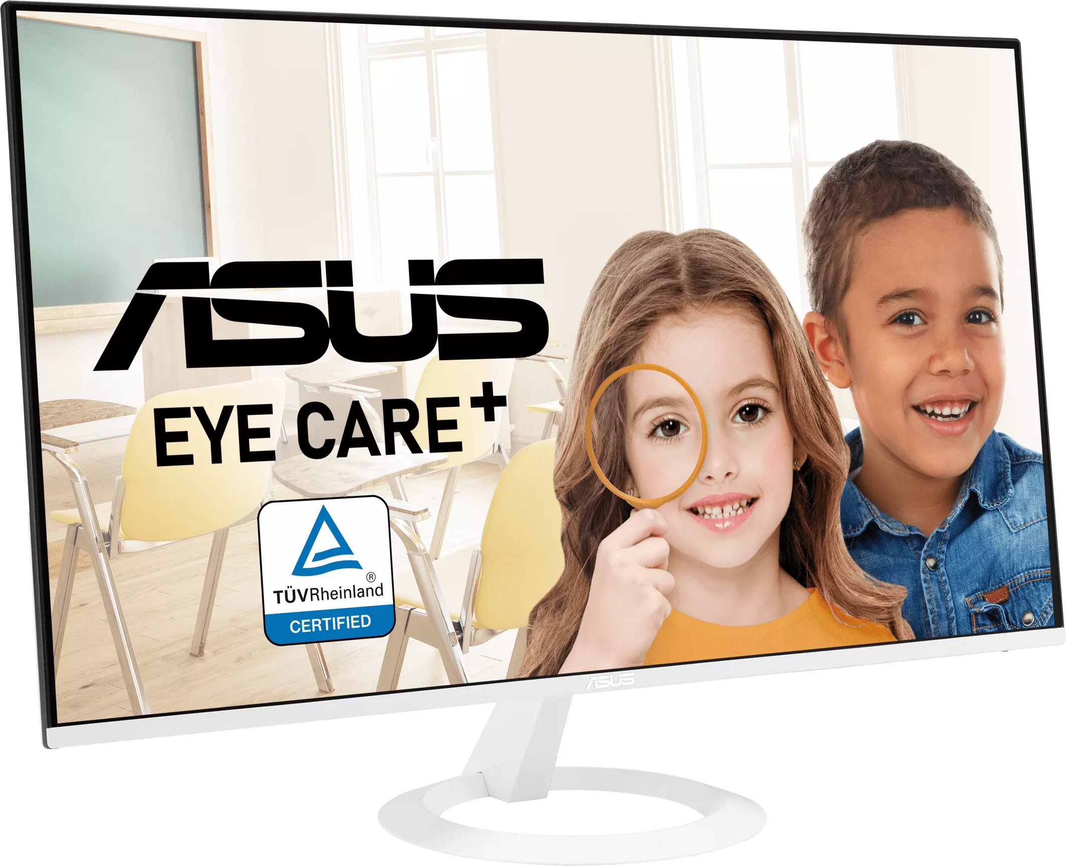 Asus monitor gyerekekkel egy tanterem előtt.