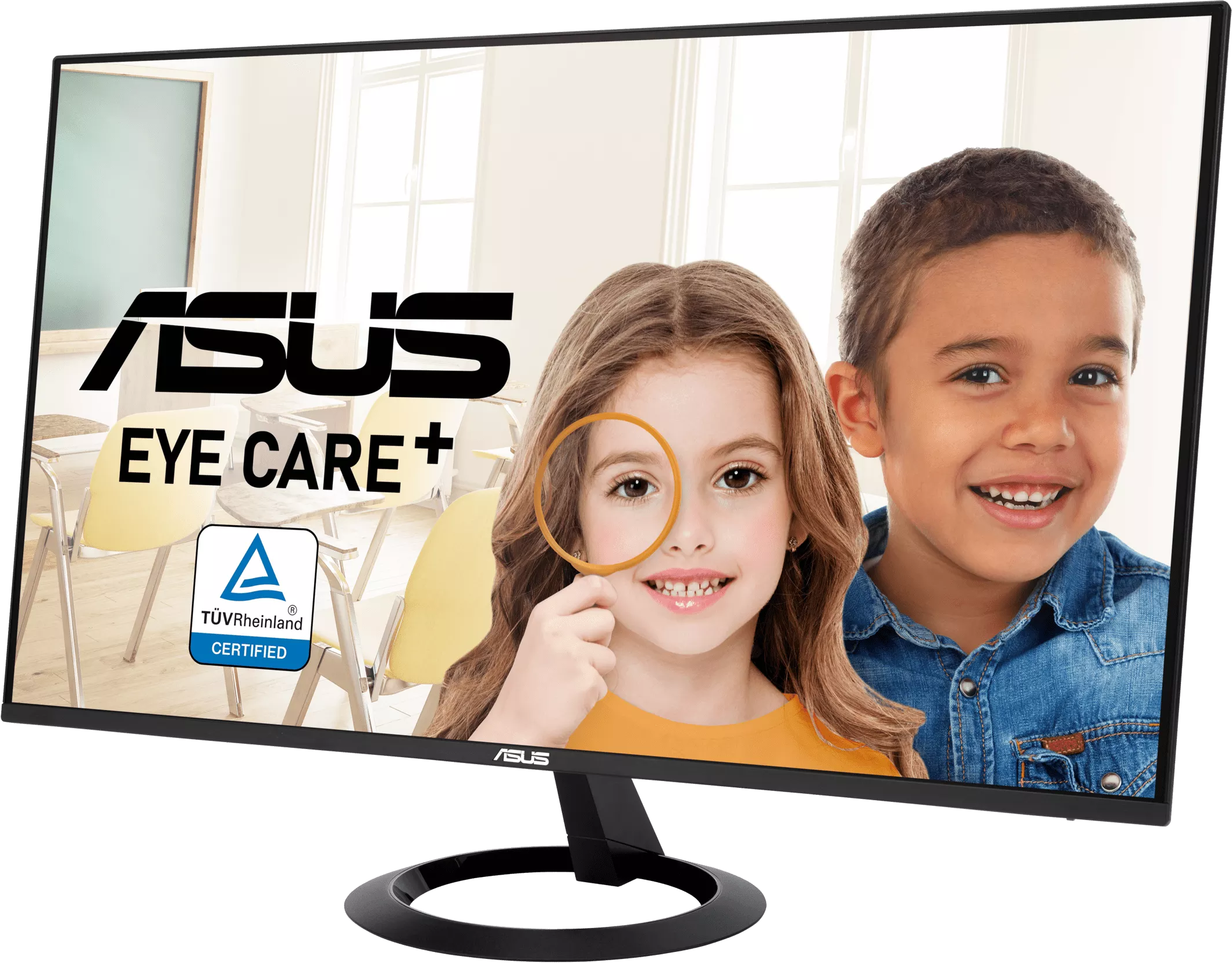 ASUS monitor két gyereket mutat, egyik nagyítót használ. Eye Care+ logó.