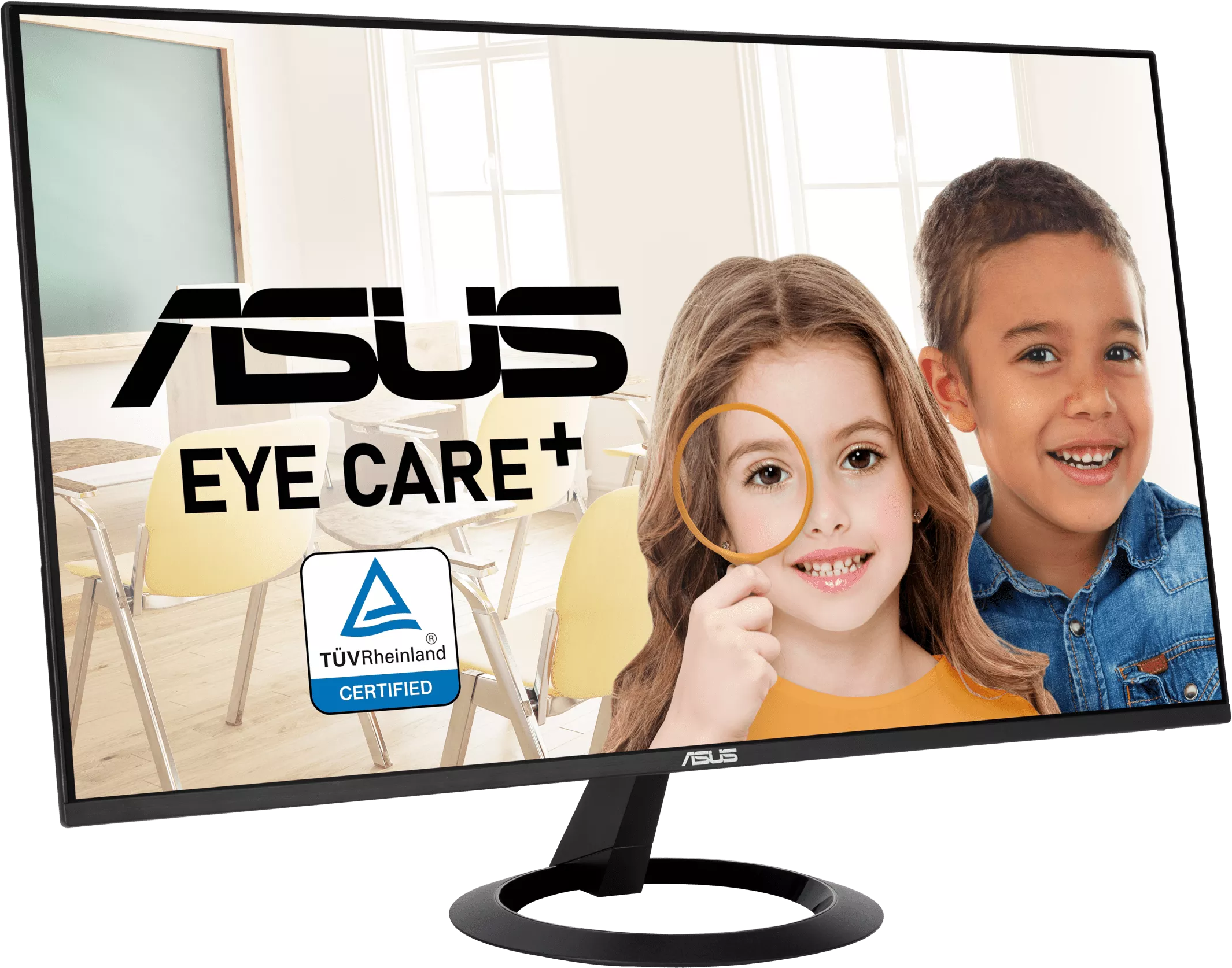 Monitor gyerekekkel. ASUS Eye Care+ logó, mosolygó gyerekek. Osztályterem háttér.