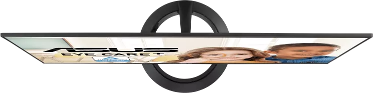 Egy ASUS monitor felülről nézve, gyerekek képét és az 'ASUS EYE CARE+' feliratot mutatja.