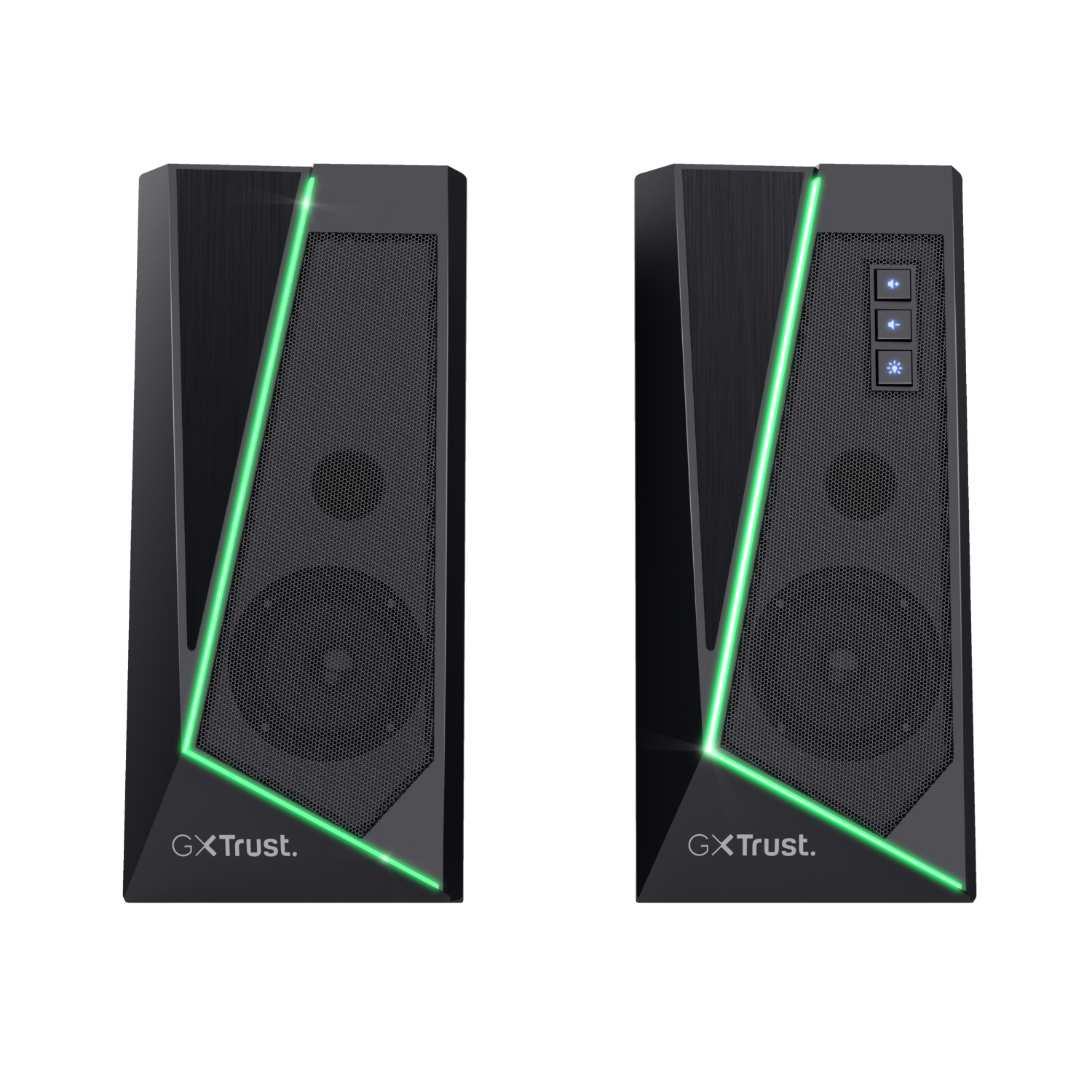 Two black GXTrust speakers with green glowing lines. Dark background. 