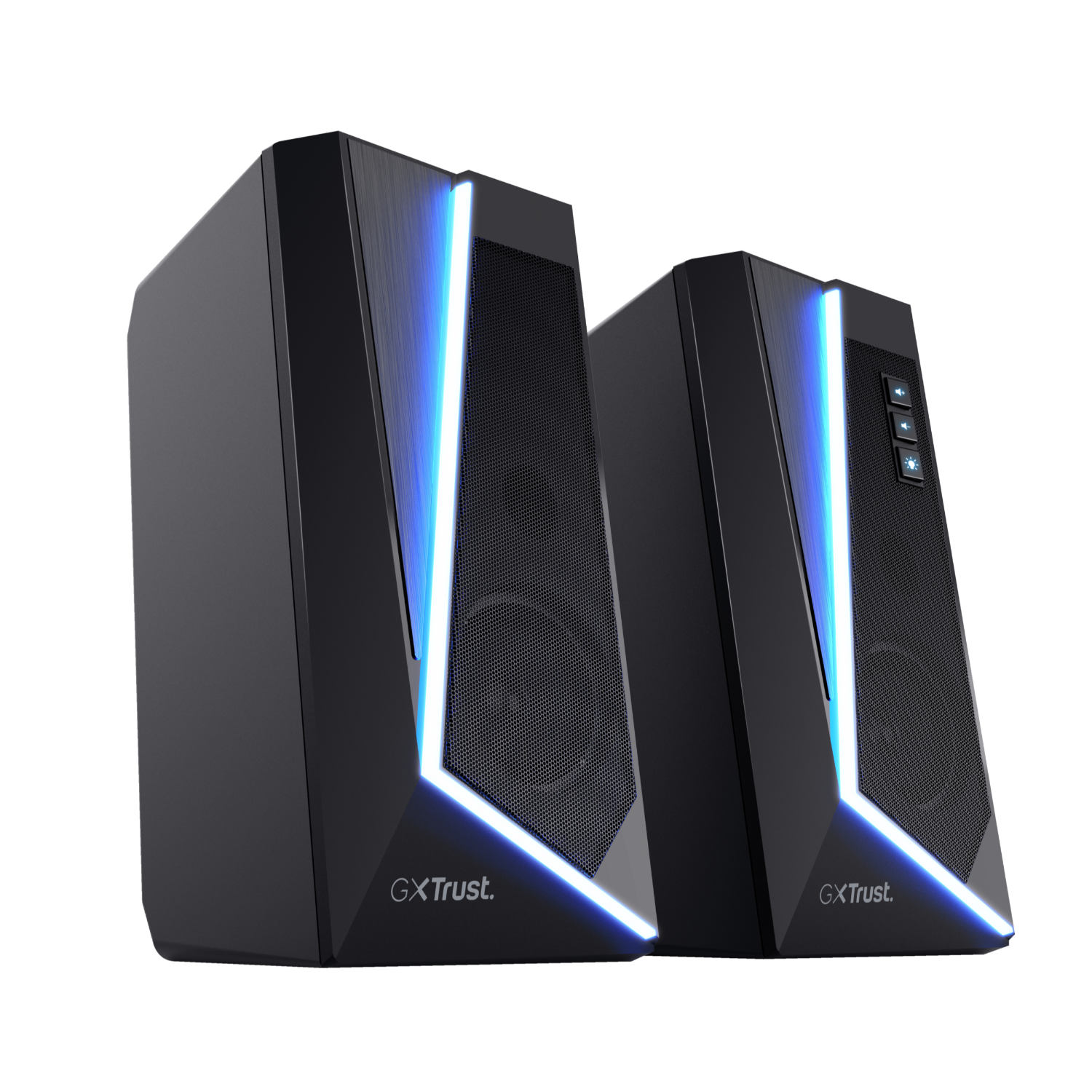 Two black speakers with blue LED lights on a black background.