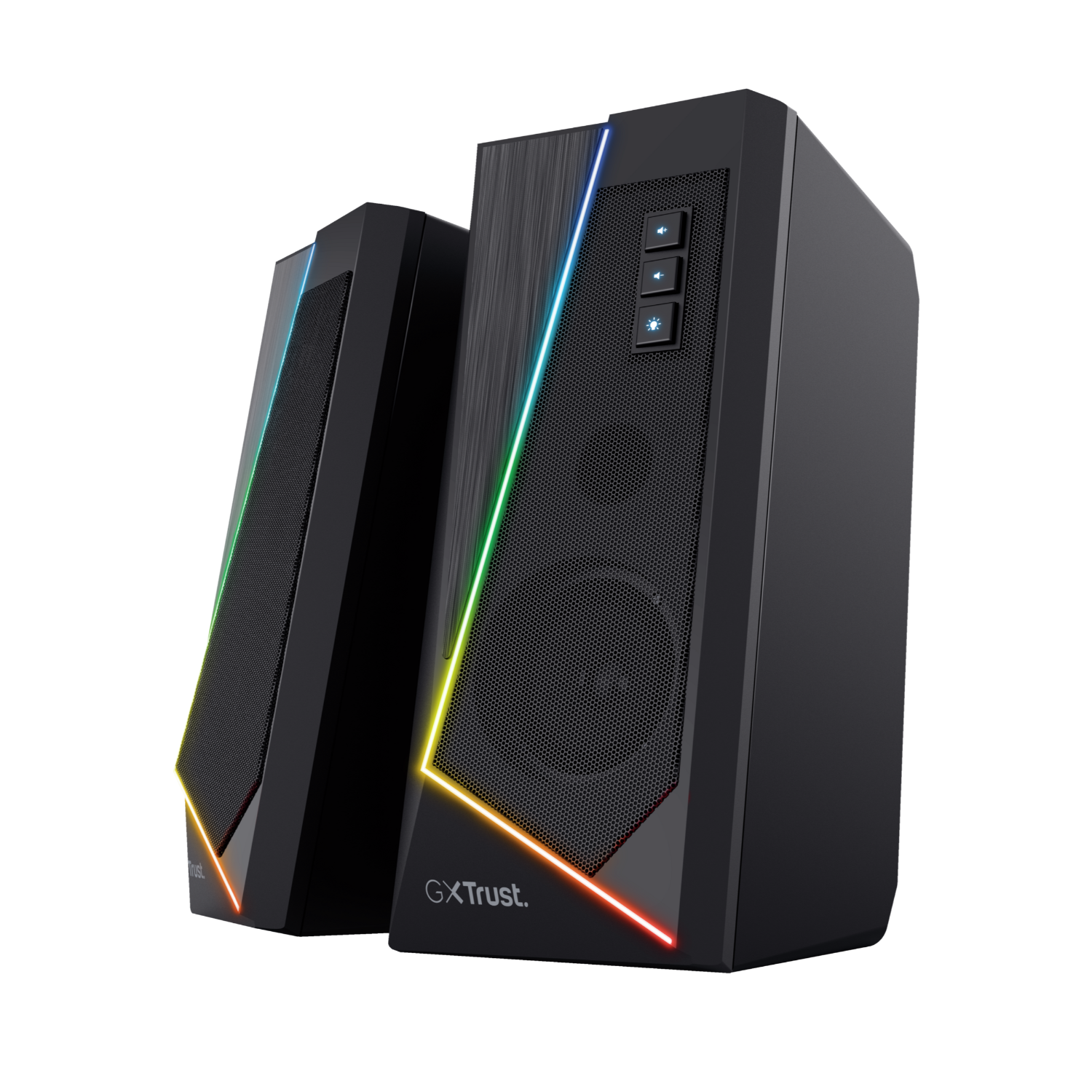 Two black speakers with colorful LED lights on the edges.