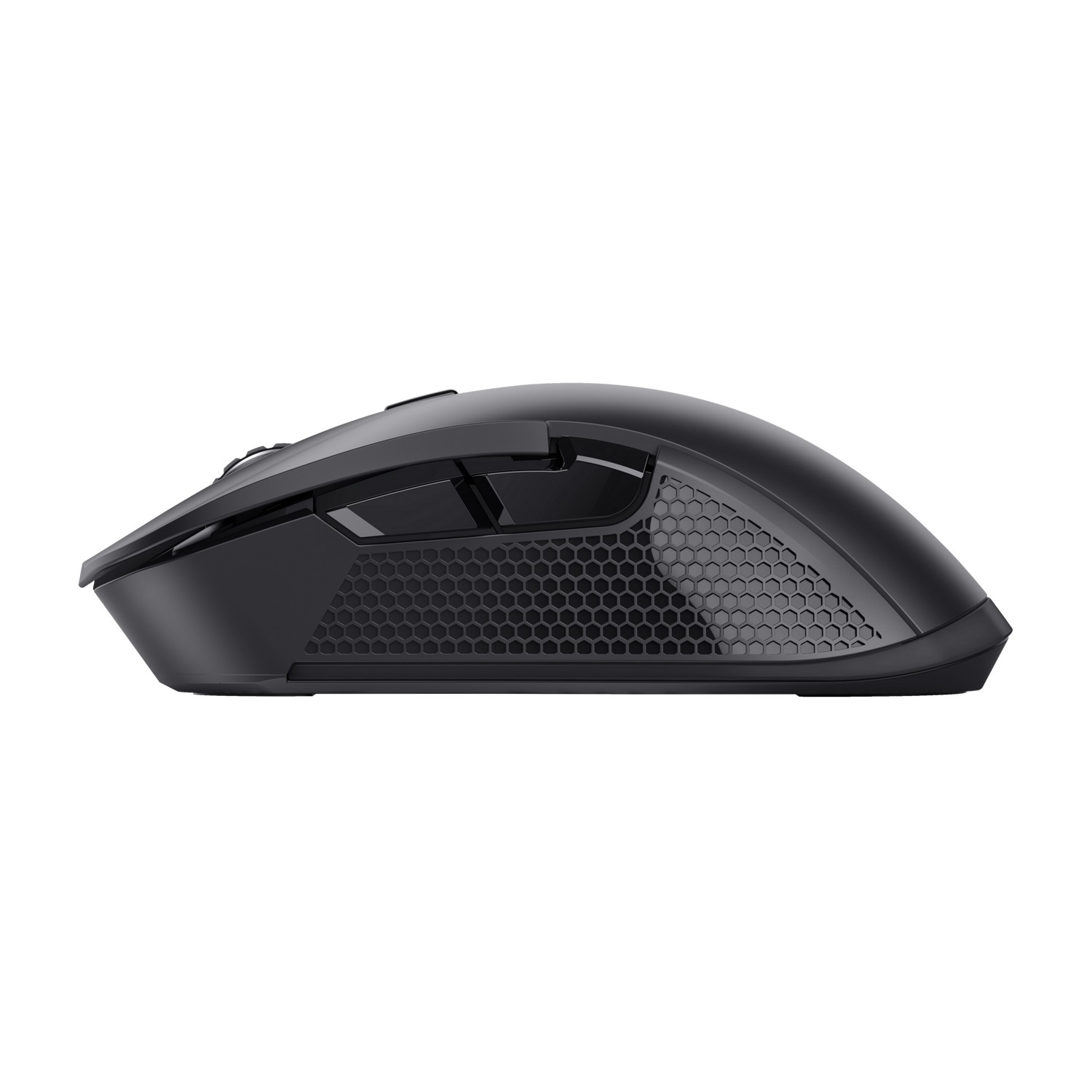 A black gaming mouse is shown in profile, highlighting its honeycomb side grip design.