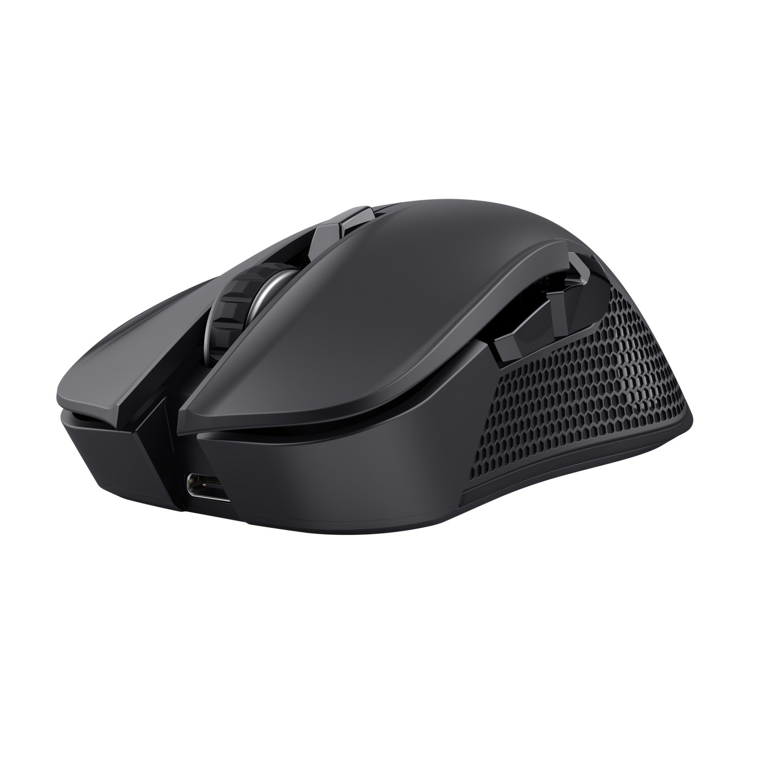 Black computer mouse with a scroll wheel and various buttons.
