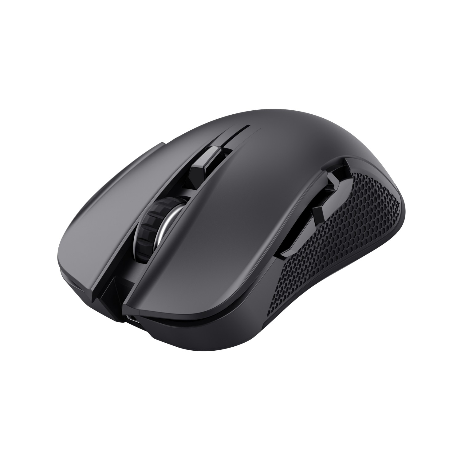 Black wireless mouse with a scroll wheel and side buttons.