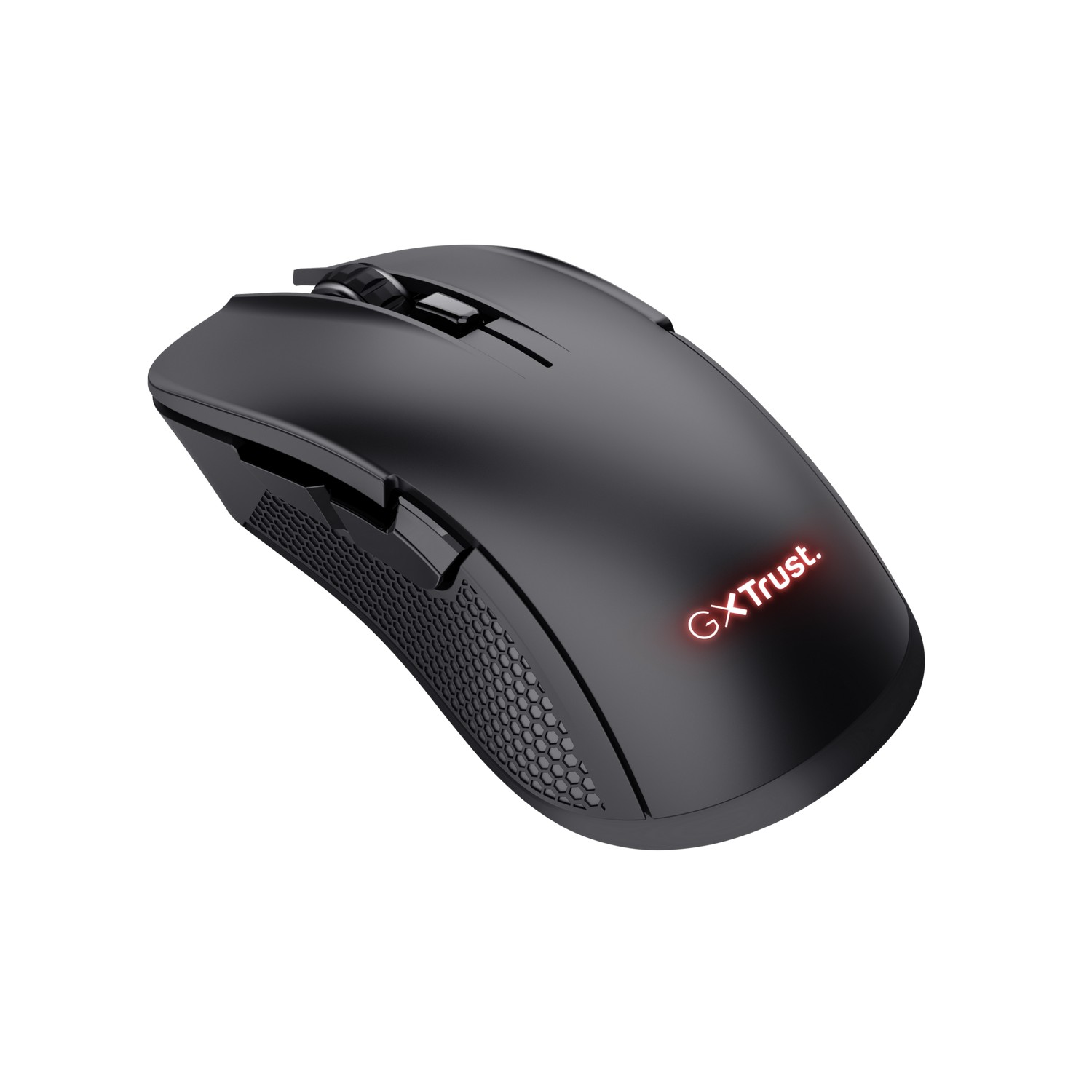 Black GX Trust gaming mouse with red logo and textured grip.