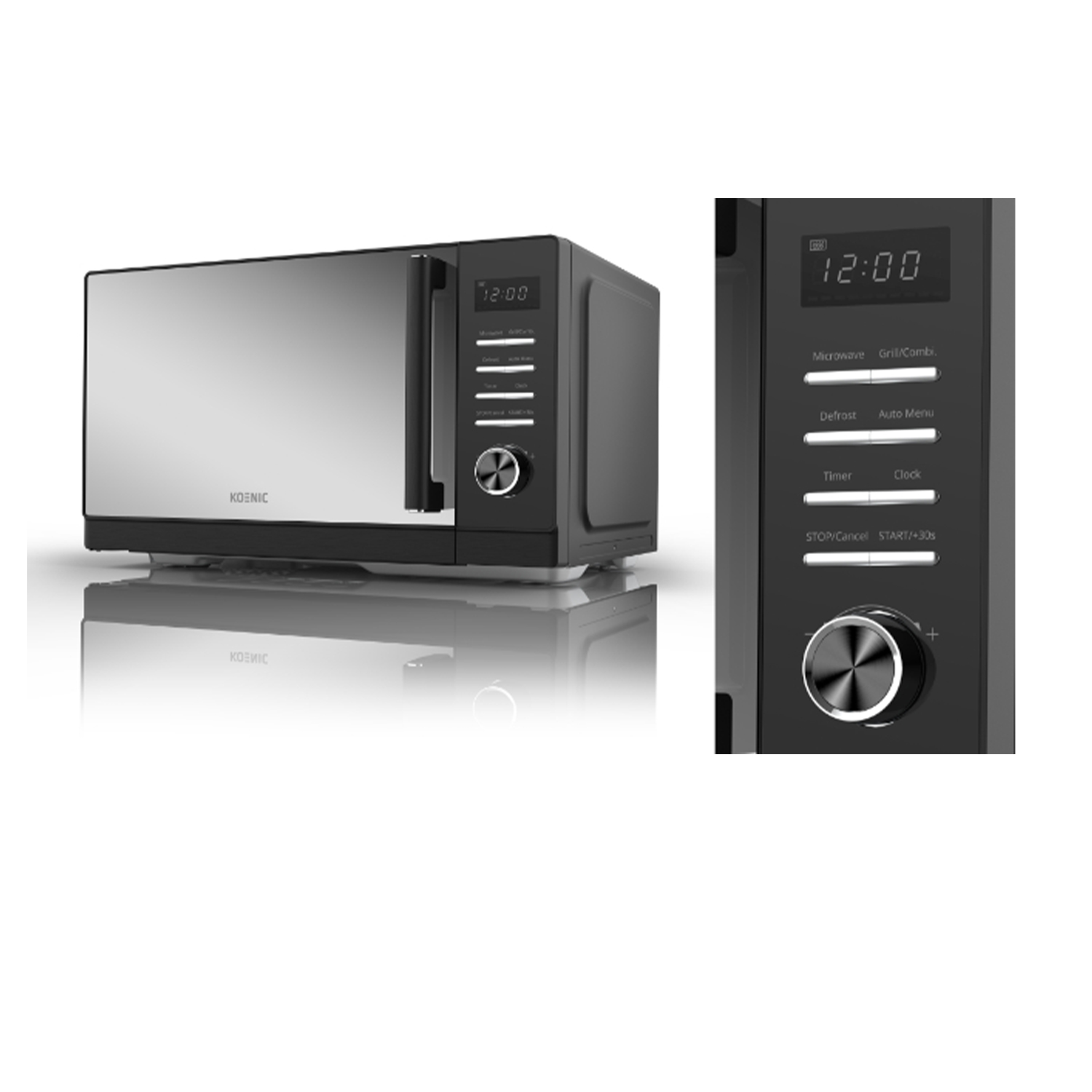 Un forno a microonde nero e argento con display digitale e pannello di controllo.