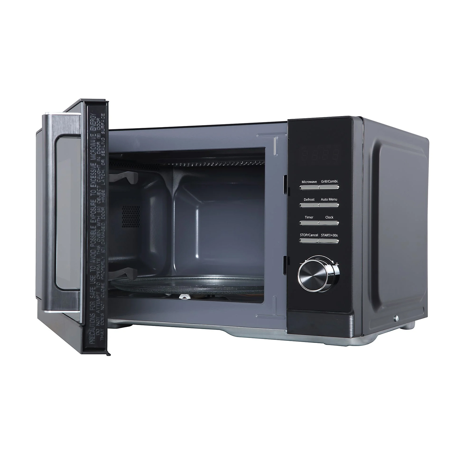 Un forno a microonde grigio con la porta aperta, che mostra l'interno e il pannello di controllo.