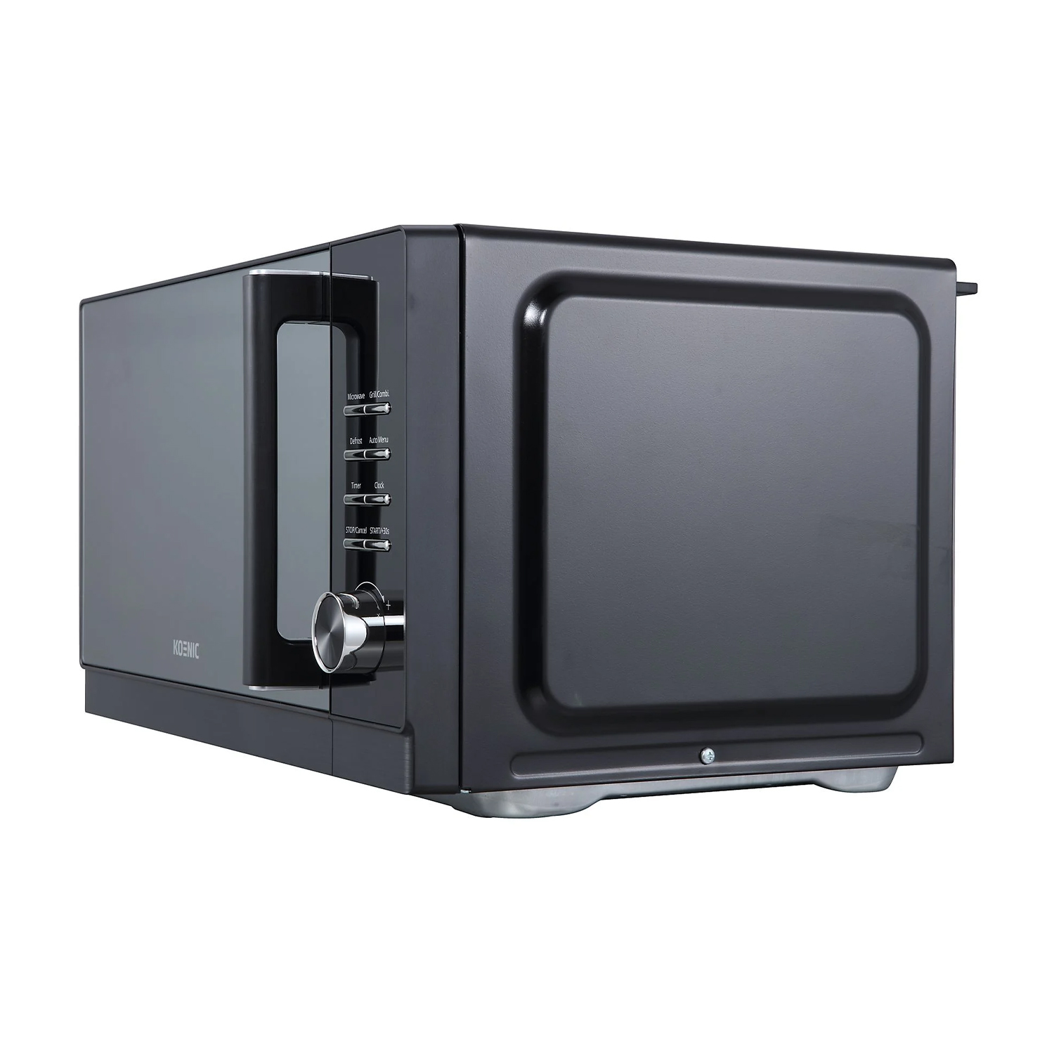 Forno a microonde nero con porta a vetro e pannello di controllo sul lato sinistro.