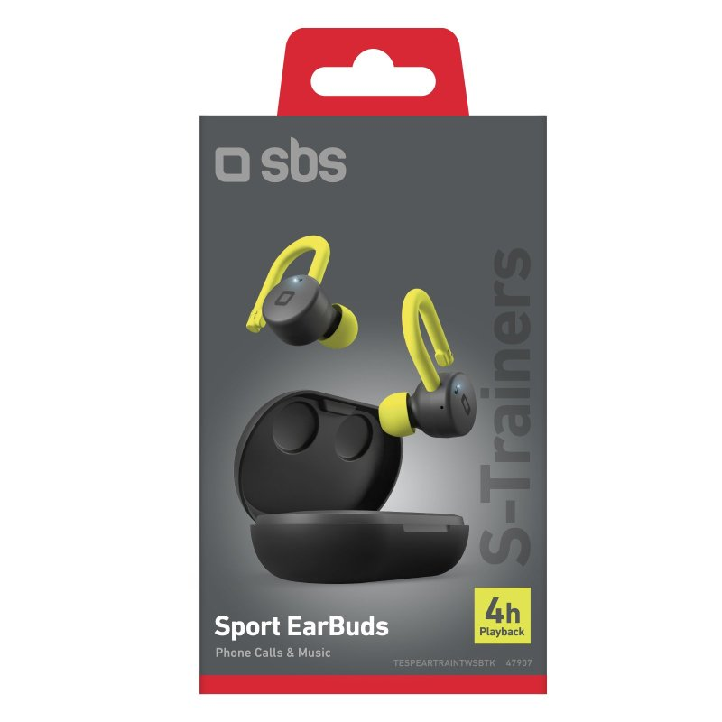 Box mit S-Trainers Sport-Ohrhörern. Die Ohrhörer sind schwarz und gelb.