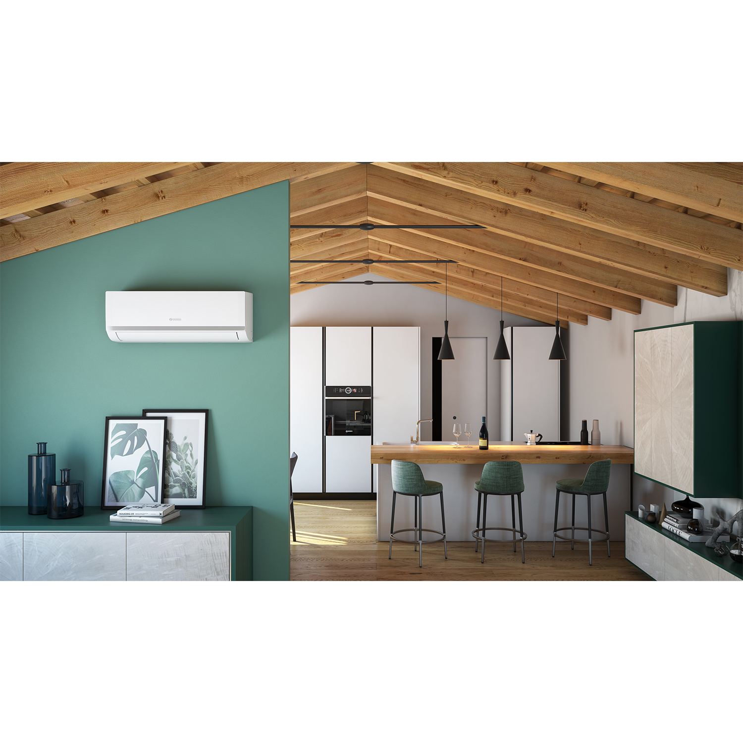 Una cucina moderna con una parete verde, mobili bianchi e un soffitto in legno chiaro con aria condizionata.