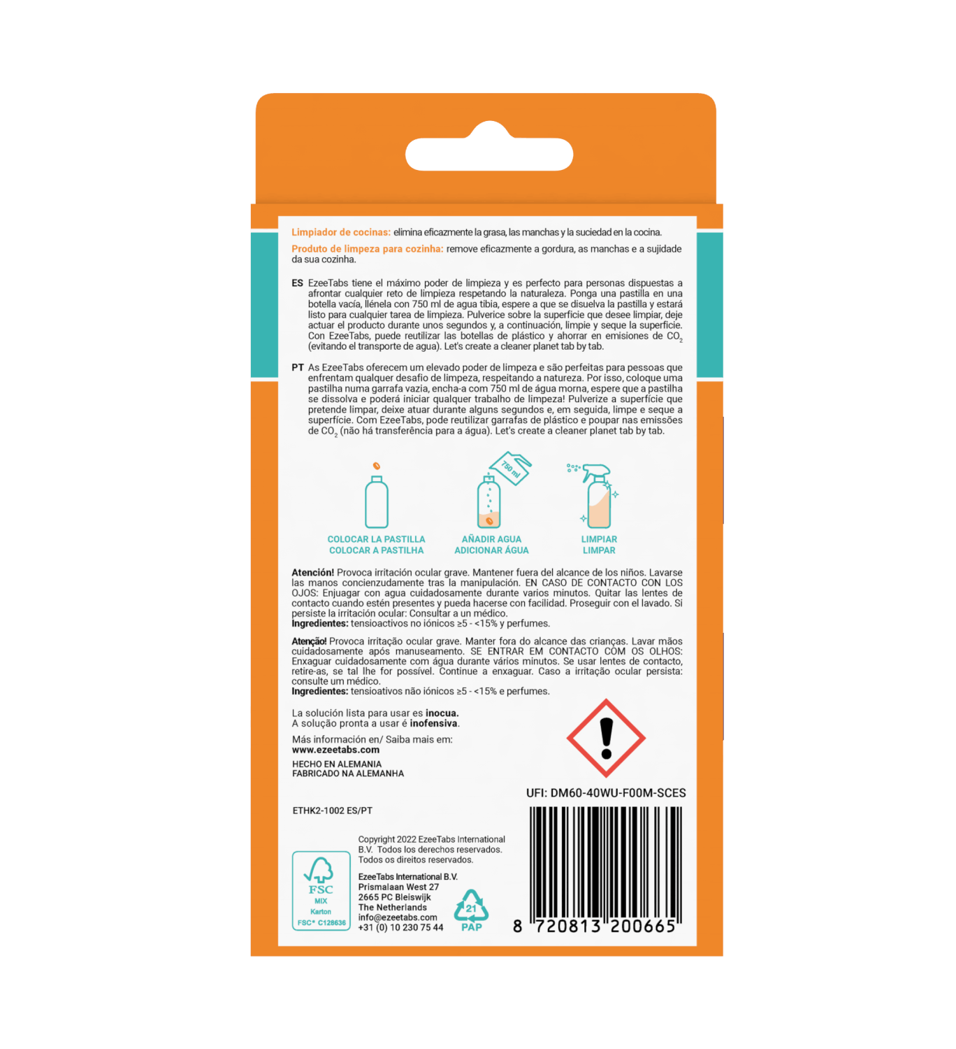 Parte posterior del embalaje del producto de limpieza con instrucciones y advertencias en varios idiomas.