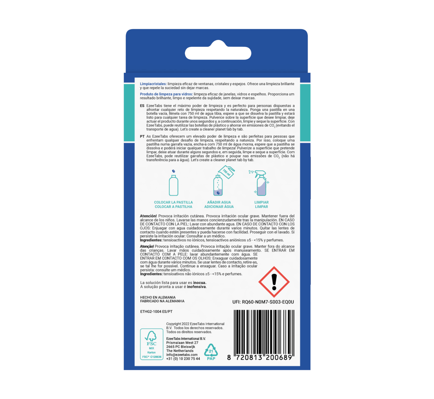 Parte posterior de una caja de producto de limpieza. Instrucciones y advertencias están impresas en varios idiomas.