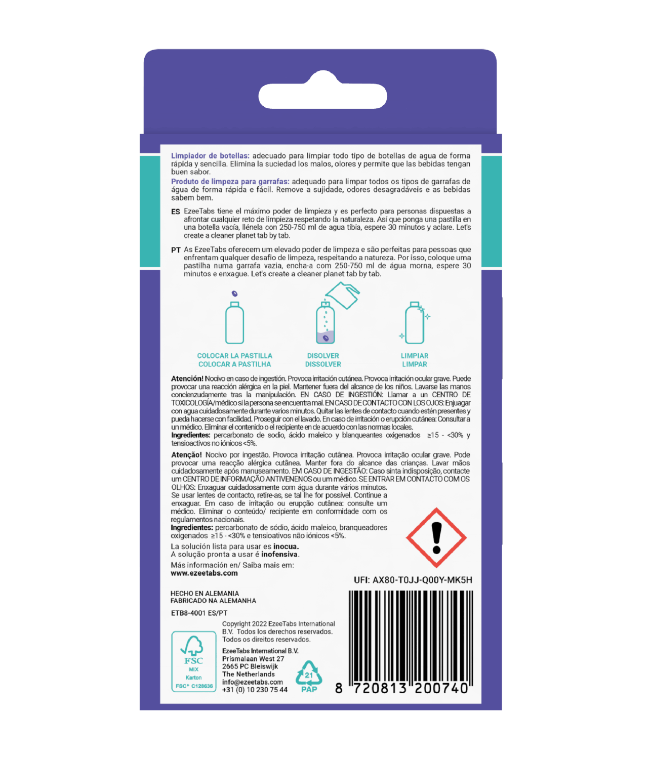 Caja de pastillas de limpieza con instrucciones y advertencias. Ilustraciones de botellas blancas y texto.