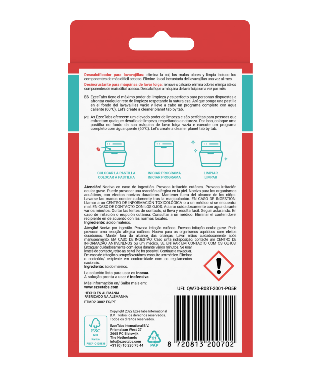 Una caja roja y blanca con texto sobre pastillas de limpieza.