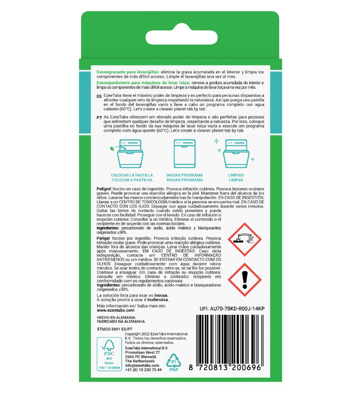 Embalaje de limpiador para lavavajillas con instrucciones y advertencias.