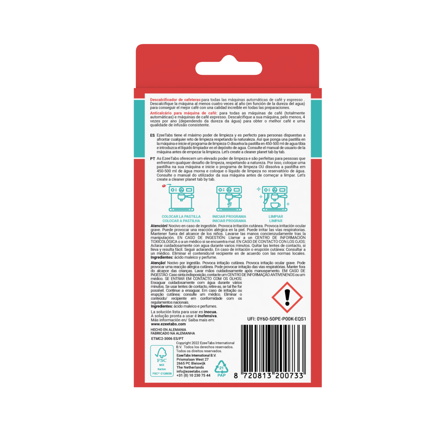 Tabletas descalcificadoras para máquinas de café, con texto y fondo rojo.