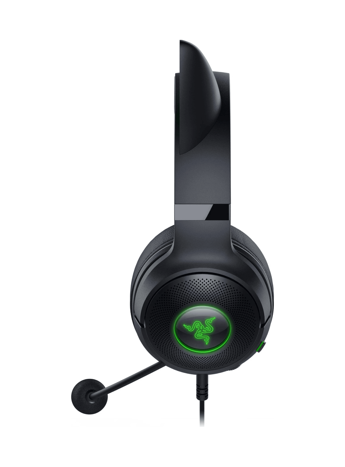 Auriculares gaming Razer negros con logo verde en la copa y micrófono.