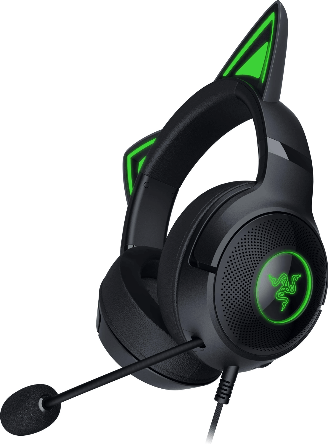 Auriculares gaming negros con detalles verdes, orejas de gato y micrófono, logo Razer.