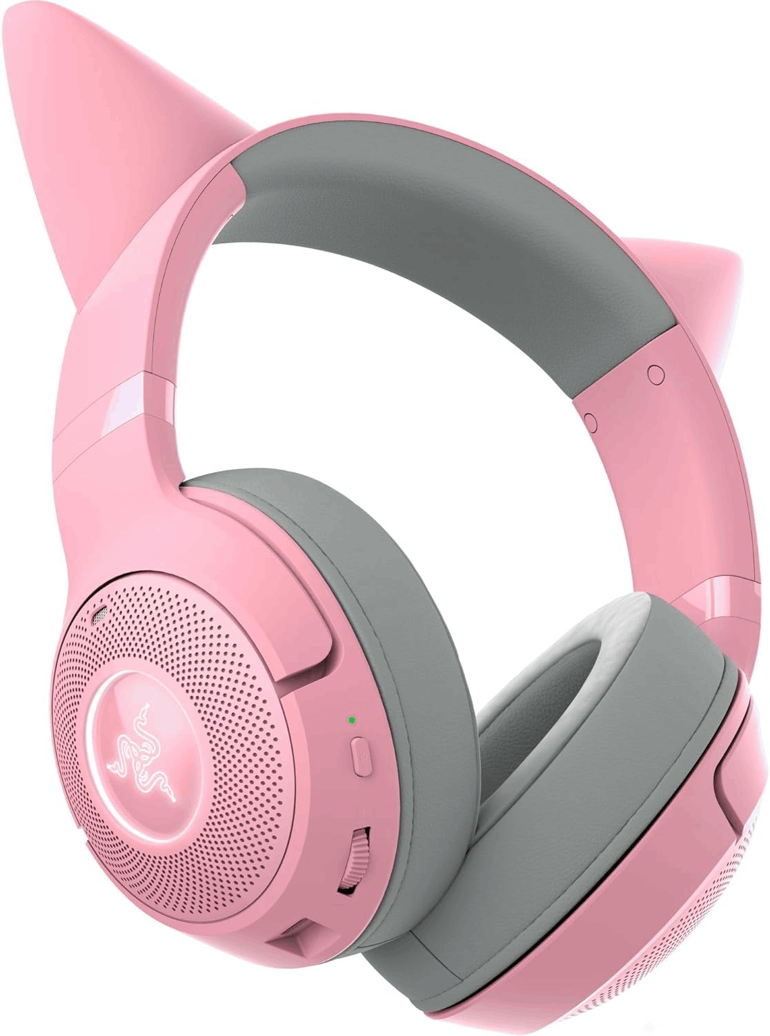 Auriculares rosas con orejas de gato. Acolchado gris en las orejeras y la diadema. El logotipo de Razer es visible.