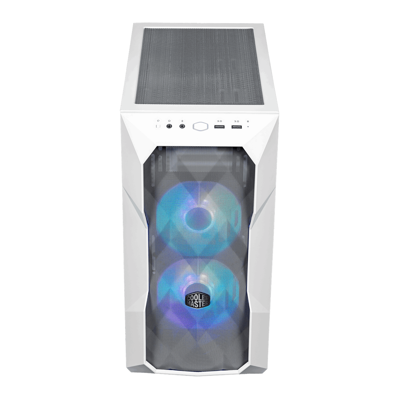 Una caja de ordenador blanca. Tiene un frente de malla con dos ventiladores que tienen luces azules y moradas. Fondo negro.