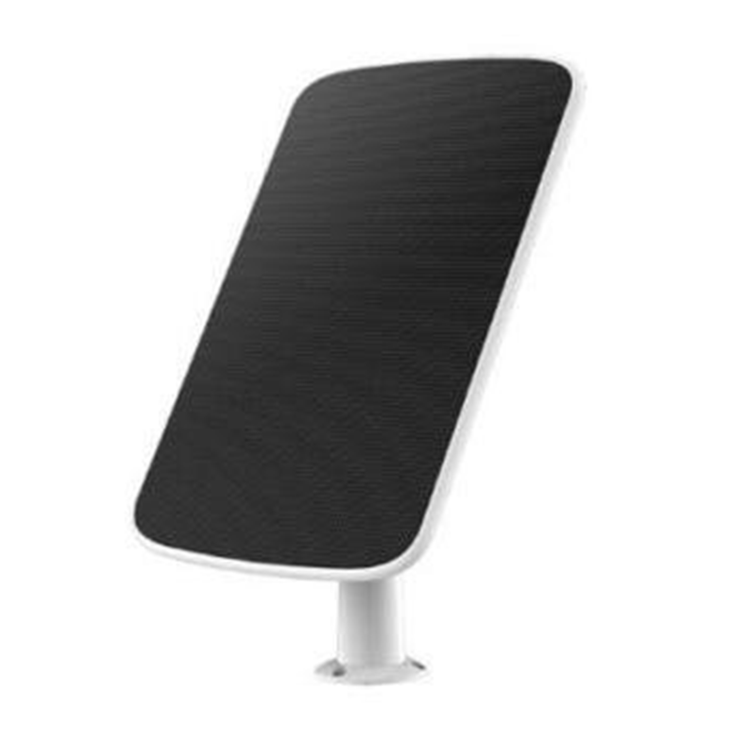 Un pannello solare rettangolare bianco arrotondato su un supporto bianco, angolato verso l'alto, isolato sul bianco.