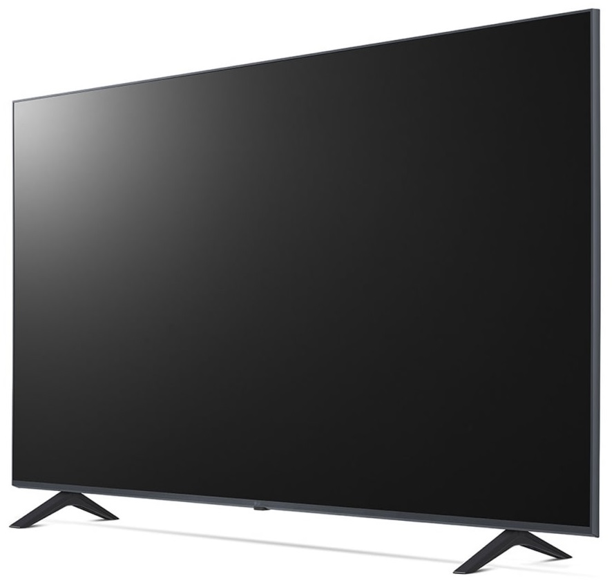 Duży, czarny telewizor LG z kątowymi nogami.