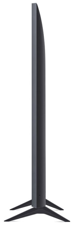 Elegancki, czarny telewizor pokazany z boku, ukazujący smukły profil i konstrukcję stojaka.