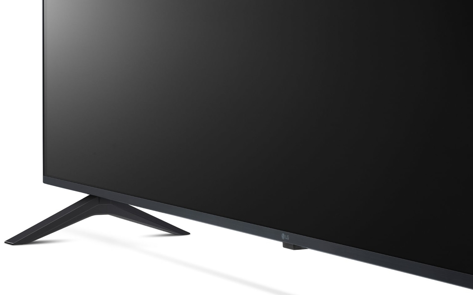 Zbliżenie czarnego telewizora LG z podstawą, pokazujące dół i bok.