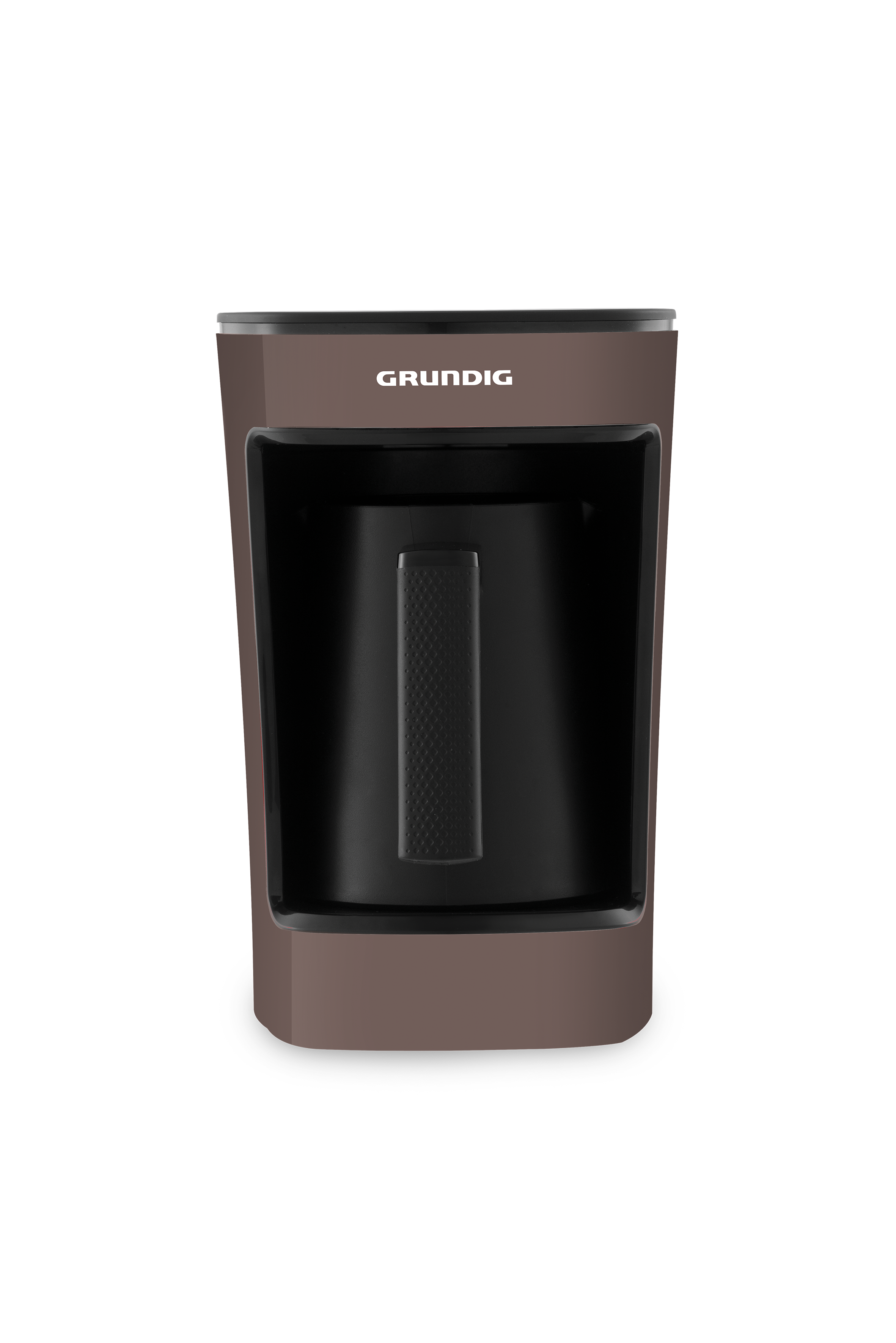 Siyah arka plan üzerinde kahverengi bir Grundig kahve makinesi. Makine şık bir tasarıma sahip.